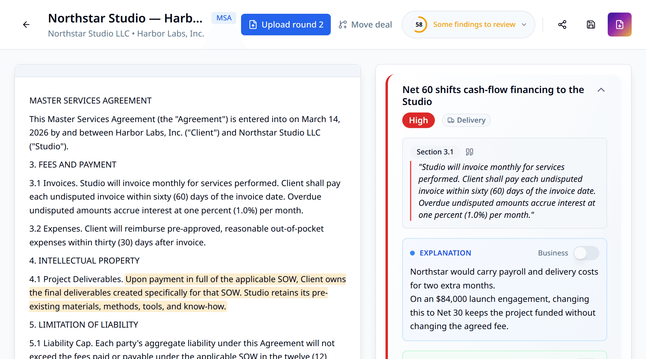 Arendly risk report showing a high-risk Net 60 payment clause, its citation, and business explanation.